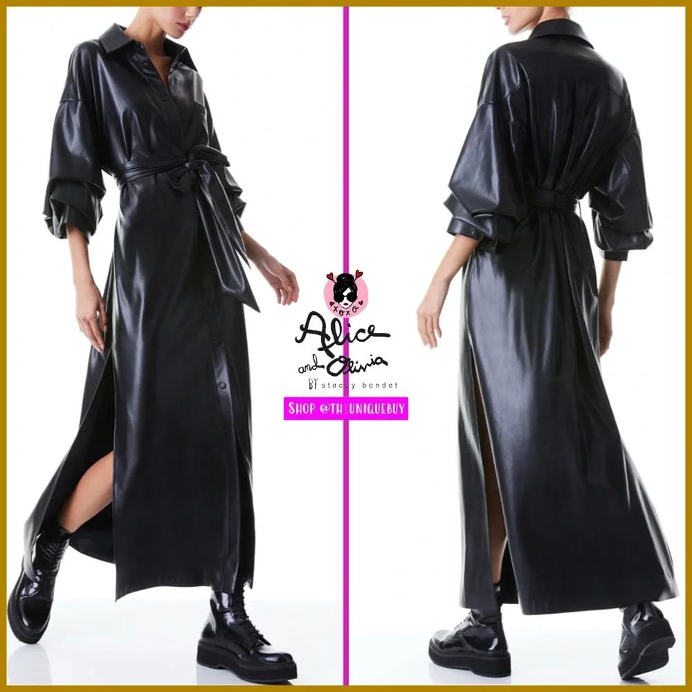 Alice + Olivia Tanika Vegan Leather Button Front Collared Black Maxi Dress - Picture 14 of 15